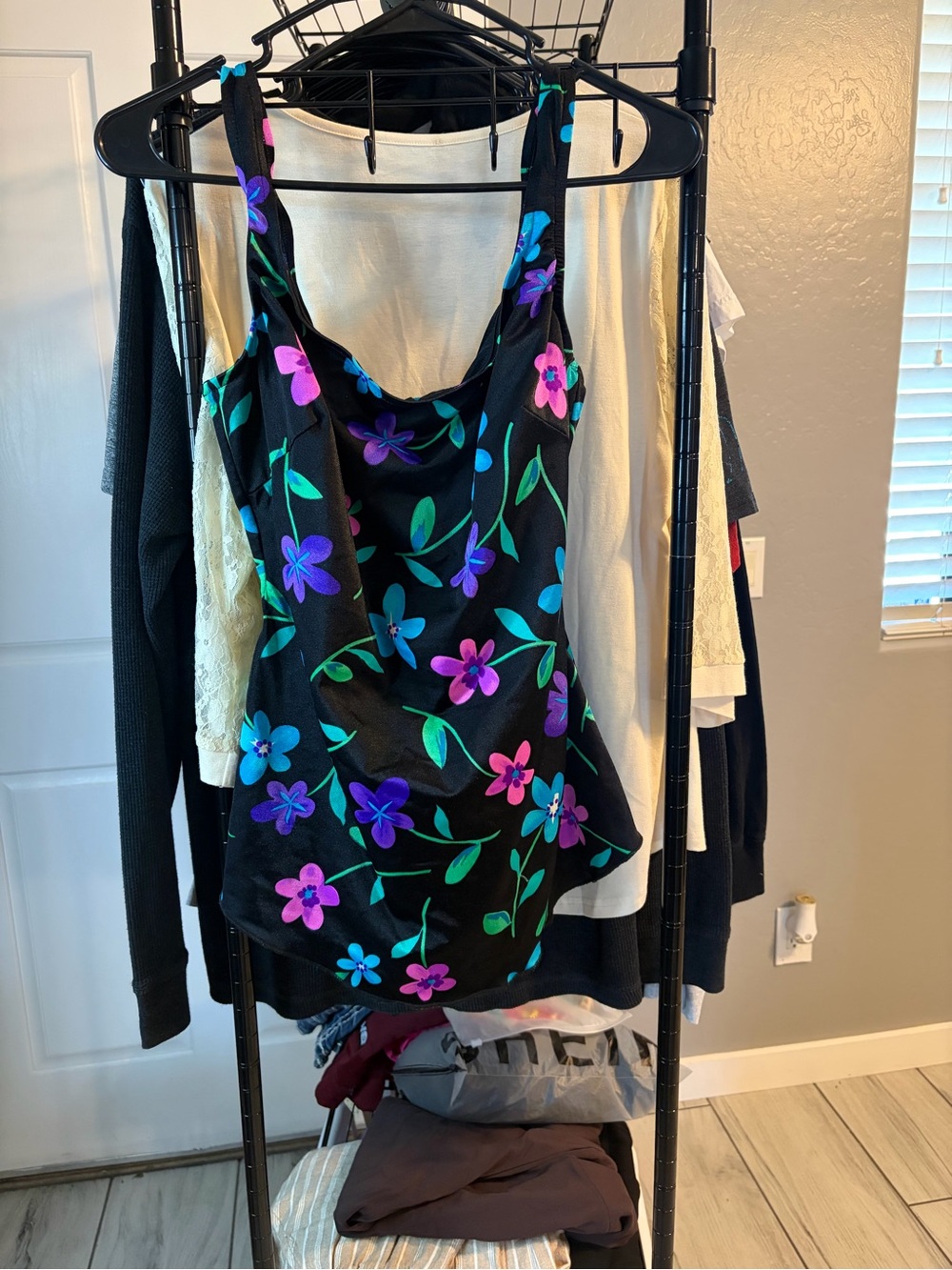 Vintage Maxine of Hollywood Black Floral Scoop Neck one piece swimsuit